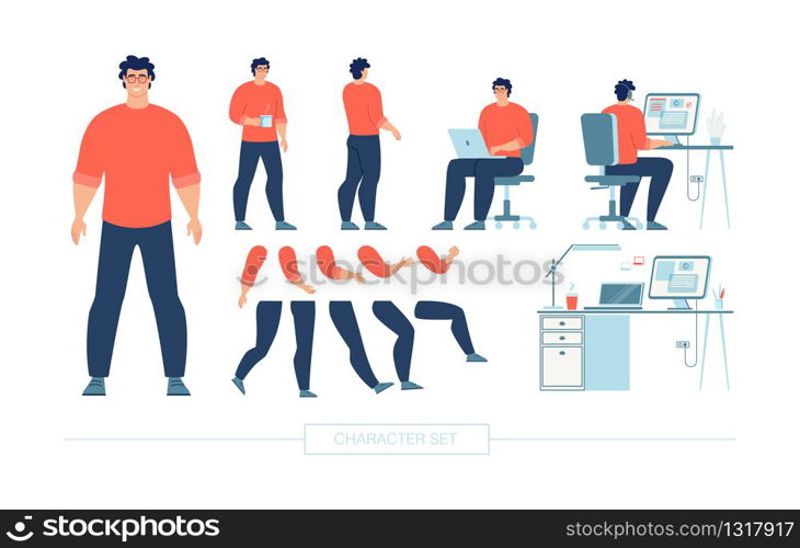 Web Developer, Freelancer Character Constructor Trendy Flat Vector Design Elements Set Isolated on White Background. It Company Employee Poses, Body Parts, Face Expressions, Work Place Illustration