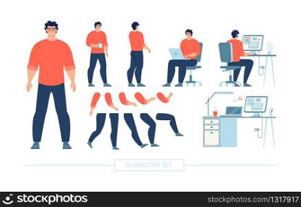 Web Developer, Freelancer Character Constructor Trendy Flat Vector Design Elements Set Isolated on White Background. It Company Employee Poses, Body Parts, Face Expressions, Work Place Illustration