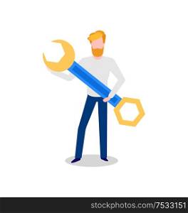 Web developer, programmer holding instrument in hands vector. Technology and innovation, man with tool for optimization and promotion of websites. Web Developer, Programmer Holding Instrument Tool
