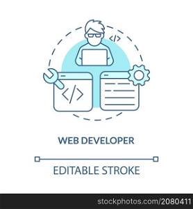 Web developer turquoise concept icon. Professional programmer job abstract idea thin line illustration. Isolated outline drawing. Editable stroke. Roboto-Medium, Myriad Pro-Bold fonts used. Web developer turquoise concept icon
