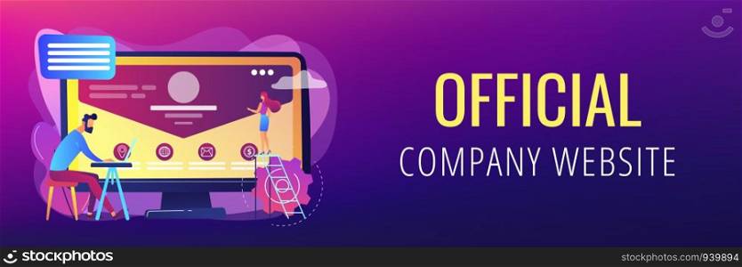 Web developer working on company website, tiny people. Corporate website, official company website, online business representation concept. Header or footer banner template with copy space.. Corporate website concept banner header.