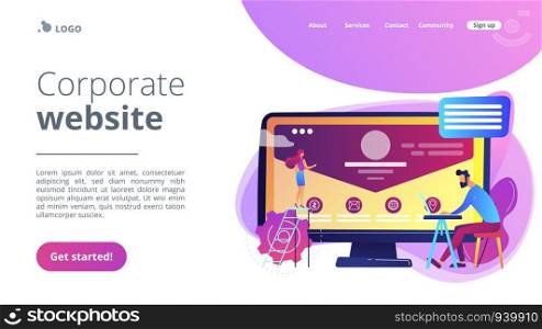 Web developer working on company website, tiny people. Corporate website, official company website, online business representation concept. Website vibrant violet landing web page template.. Corporate website concept landing page.