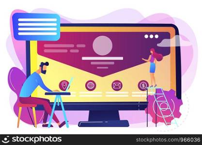 Web developer working on company website, tiny people. Corporate website, official company website, online business representation concept. Bright vibrant violet vector isolated illustration. Corporate website concept vector illustration.