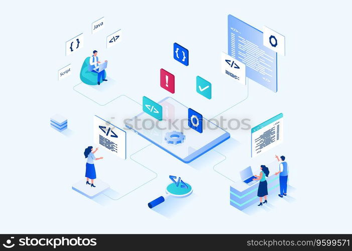 Web development 3d isometric design. People designers create and optimize code, programming at java script, settings pages, build site layouts and places navigation buttons. Vector web illustration. Web development 3d isometric design. Vector web illustration