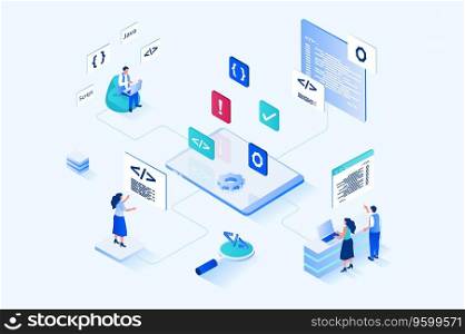 Web development 3d isometric design. People designers create and optimize code, programming at java script, settings pages, build site layouts and places navigation buttons. Vector web illustration. Web development 3d isometric design. Vector web illustration