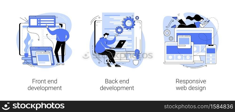 Web development agency abstract concept vector illustration set. Front and back end development, responsive web design, website interface, coding and programming, user experience abstract metaphor.. Web development agency abstract concept vector illustrations.