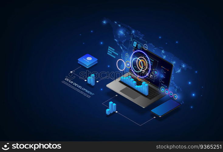 Web development and coding. Cross platform development website. Adaptive layout internet page or web interface on screen laptop, tablet and phone.