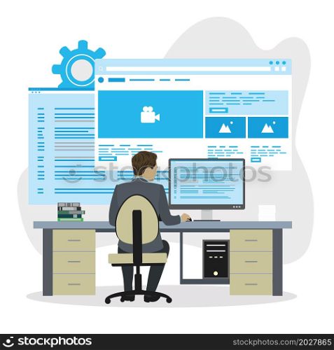 Web development,back-end and front-end developer,male character back view,trendy style vector illustration
