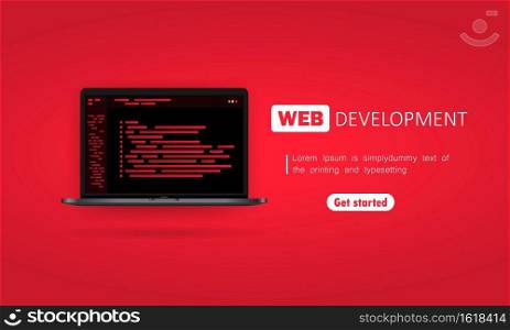 Web development banner. Working on laptop. Flat design concepts for analysis, coding, programming, programmer and developer. Vector on isolated background. EPS 10.. Web development banner. Working on laptop. Flat design concepts for analysis, coding, programming, programmer and developer. Vector. EPS 10