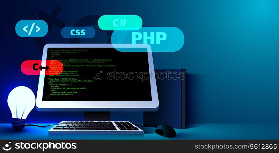 Web development, coding and programming futuristic banner. Computer code on computer. Vector illustration. Web development, coding and programming futuristic banner. Computer code on computer.
