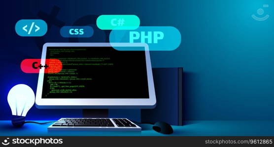 Web development, coding and programming futuristic banner. Computer code on computer. Vector illustration. Web development, coding and programming futuristic banner. Computer code on computer.