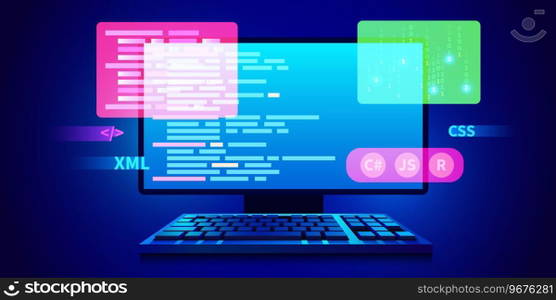 Web development, coding and programming futuristic banner. Computer code on computer. Vector illustration. Web development, coding and programming futuristic banner. Computer code on computer.