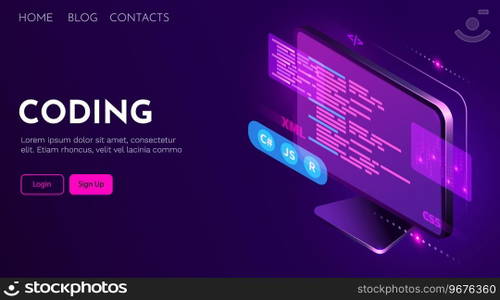 Web development, coding and programming futuristic banner. Computer code on computer. Vector illustration. Web development, coding and programming futuristic banner. Computer code on computer.
