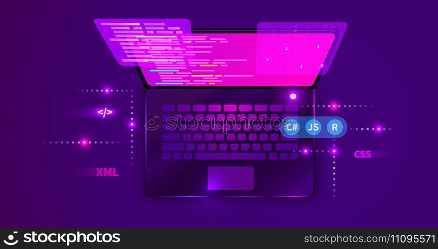 Web development, coding and programming futuristic banner. Computer code on laptop. Vector illustration. Web development, coding and programming futuristic banner. Computer code on laptop.