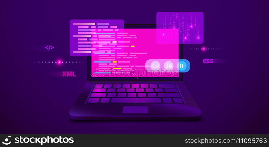 Web development, coding and programming futuristic banner. Computer code on laptop. Vector illustration. Web development, coding and programming futuristic banner. Computer code on laptop.
