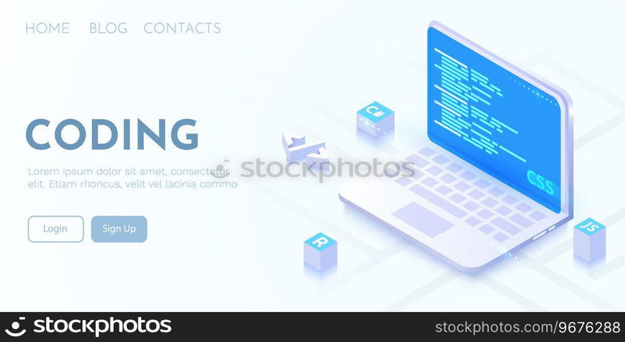 Web development, coding and programming futuristic banner. Computer code on laptop. Vector illustration. Web development, coding and programming futuristic banner. Computer code on laptop.