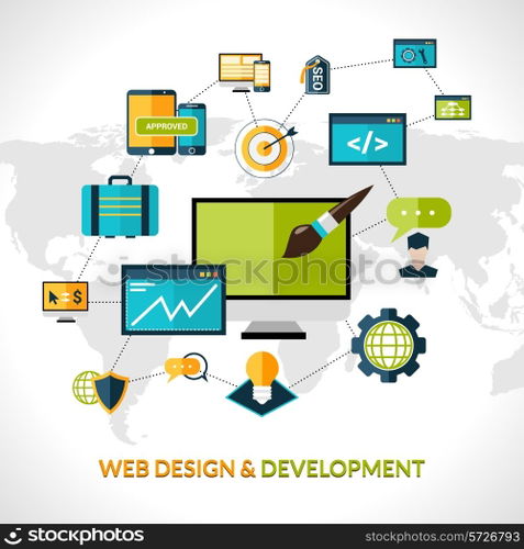 Web development composition with website optimization elements and world map vector illustration