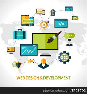 Web development composition with website optimization elements and world map vector illustration