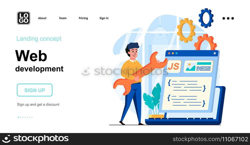 Web development concept. Developer creates layout of webpage, coding code, settings and optimizes. Template of people scenes. Vector illustration with character activities in flat design for website