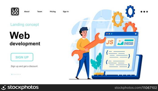 Web development concept. Developer creates layout of webpage, coding code, settings and optimizes. Template of people scenes. Vector illustration with character activities in flat design for website