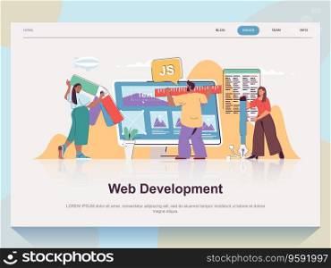 Web development concept for landing page in flat design. Man and woman working on ui application, coding, creating and optimizing layouts. Vector illustration with people scene for website homepage