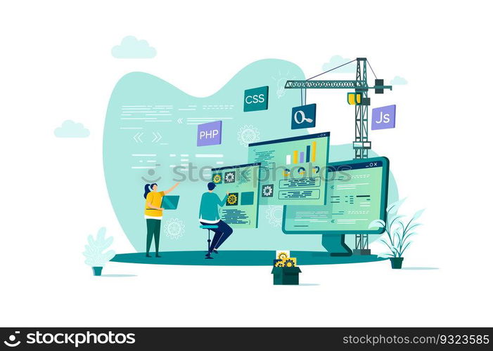 Web development concept in flat style. Developers team construct web application scene. Full stack development, software engineering, design and programming. Vector illustration with people characters. Web development concept in flat style.