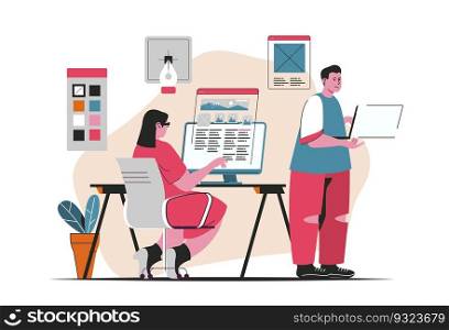 Web development concept isolated. Sites creation and optimization, content filling. People scene in flat cartoon design. Vector illustration for blogging, website, mobile app, promotional materials.