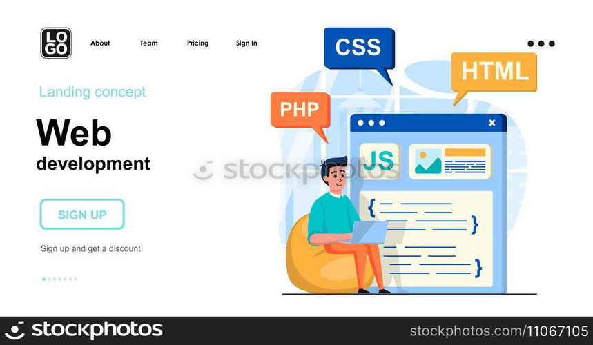 Web development concept. Man develops product, webpage layout, posting content, coding code. Template of people scenes. Vector illustration with character activities in flat design for website