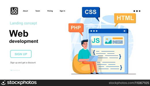 Web development concept. Man develops product, webpage layout, posting content, coding code. Template of people scenes. Vector illustration with character activities in flat design for website