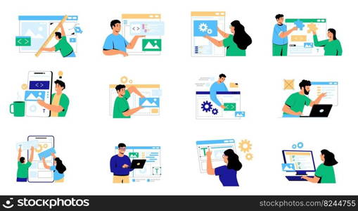 Web development concept. Modern characters creating mobile web page, software developers working on corporate UI, code and program for website. Vector isolated set. People designing interface