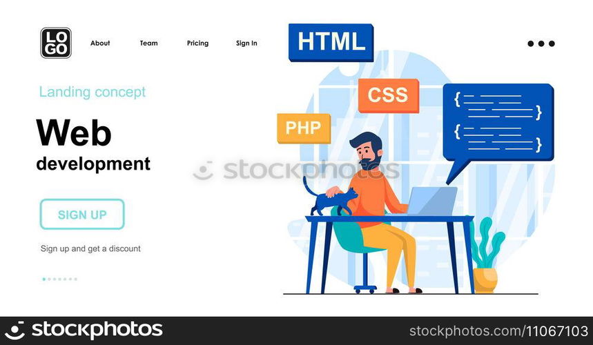 Web development concept. Programmer coding code for webpage, customization and process optimization. Template of people scenes. Vector illustration with character activities in flat design for website