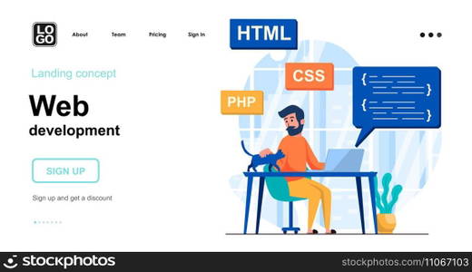 Web development concept. Programmer coding code for webpage, customization and process optimization. Template of people scenes. Vector illustration with character activities in flat design for website