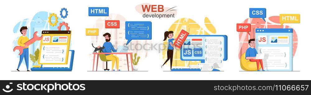 Web development concept scenes set. Developers code in different programming languages, create web pages, interfaces. Collection of people activities. Vector illustration of characters in flat design
