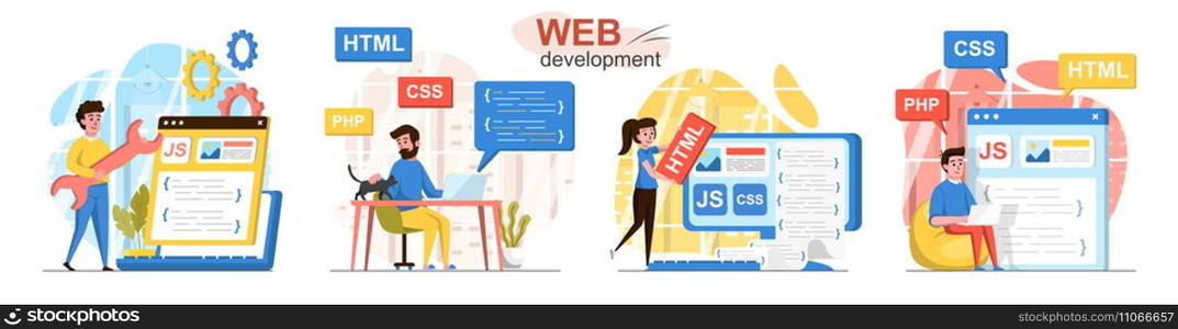 Web development concept scenes set. Developers code in different programming languages, create web pages, interfaces. Collection of people activities. Vector illustration of characters in flat design