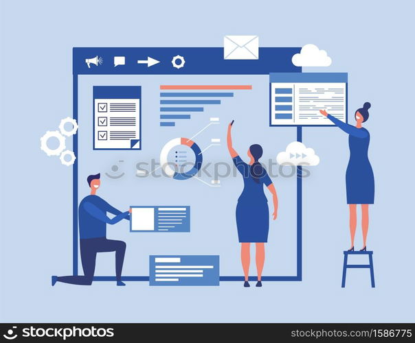 Web development concept. Vector interface designers create a web page. Illustration of interface web, designer create ui application. Web development concept. Vector interface designers create a web page