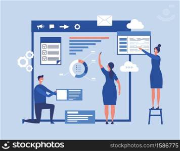 Web development concept. Vector interface designers create a web page. Illustration of interface web, designer create ui application. Web development concept. Vector interface designers create a web page