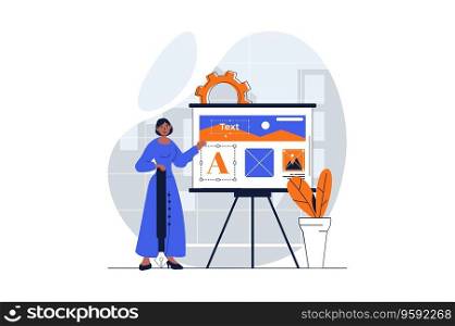 Web development concept with character scene. Woman creating different elements and developing layout pages. People situation in flat design. Vector illustration for social media marketing material.