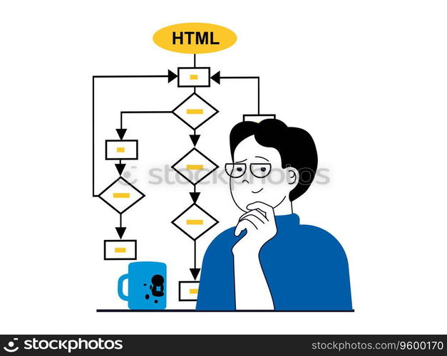 Web development concept with character situation. Man developer coding and creates algorithms, finding solutions and settings project. Vector illustration with people scene in flat design for web
