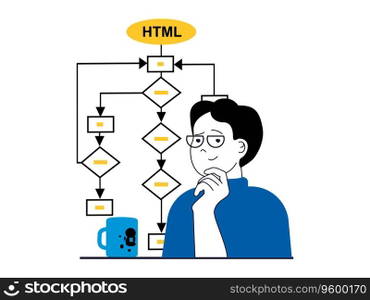 Web development concept with character situation. Man developer coding and creates algorithms, finding solutions and settings project. Vector illustration with people scene in flat design for web