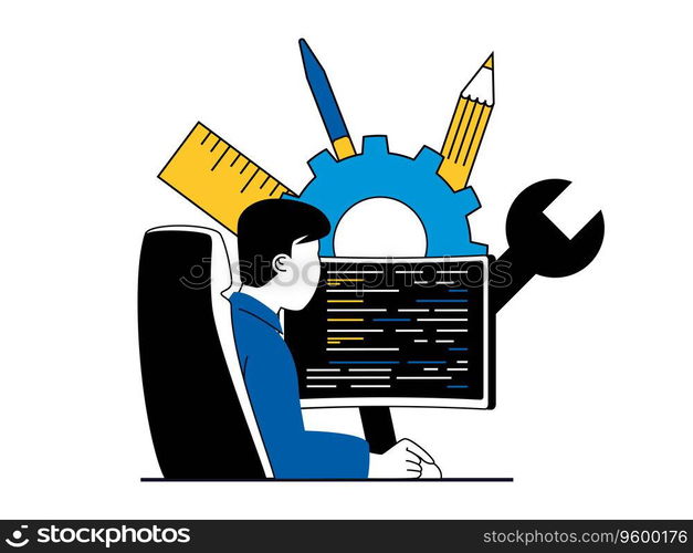 Web development concept with character situation. Man working with programming code at computer, testing and settings, creates sites. Vector illustration with people scene in flat design for web
