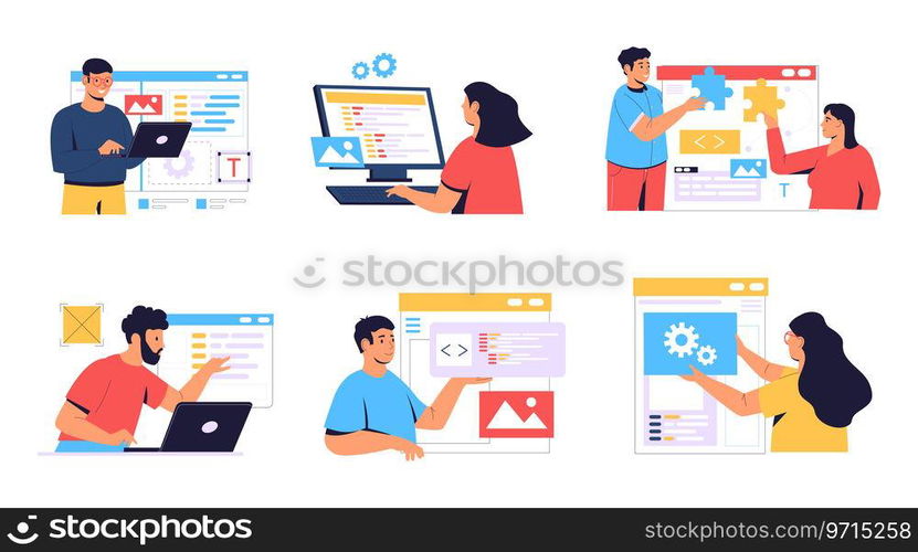 Web development creating mobile web page, software developers. Vector of smartphone usability code, designer process and programming illustration. Web development creating mobile web page, software developers