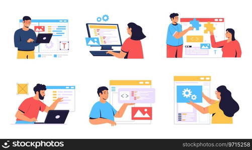 Web development creating mobile web page, software developers. Vector of smartphone usability code, designer process and programming illustration. Web development creating mobile web page, software developers