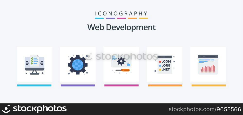 Web Development Flat 5 Icon Pack Including chart. development. development. com. browser. Creative Icons Design