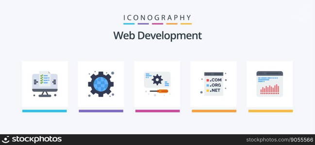 Web Development Flat 5 Icon Pack Including chart. development. development. com. browser. Creative Icons Design
