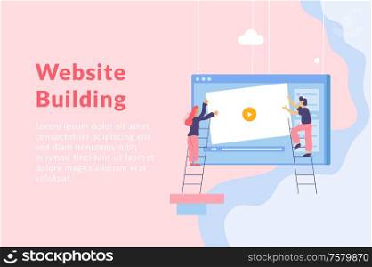 Web development flat background with composition on hanging computer screen window people on ladders and text vector illustration