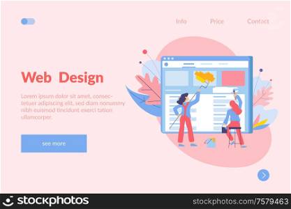 Web development flat background with doodle style images of painters internet page screen links and text vector illustration