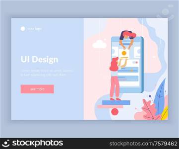 Web development flat composition web site landing page with see more button text and doodle images vector illustration