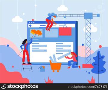 Web development flat composition with conceptual images of building site elements characters of workers and window vector illustration