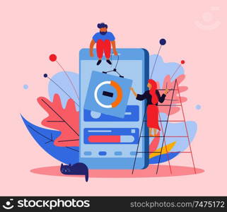 Web development flat composition with doodle human characters images of smartphone ladders and flowers with leaves vector illustration