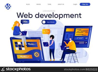 Web development flat landing page. Creative team of designers and developers work together vector illustration. Full stack development, software engineering web page composition with people characters